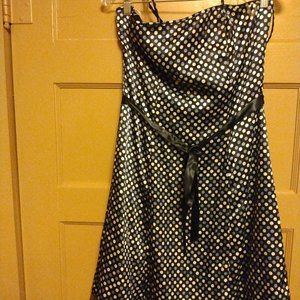 Silver and white polka dot satiny prom style dress